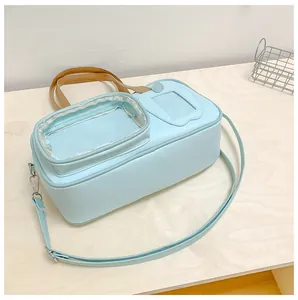 Gros plan détaillé du sac ita bleu clair avec deux fenêtres et poignées marron