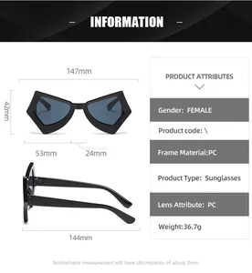 Detailed size chart of star shaped women sunglasses with PC frame and dimensions