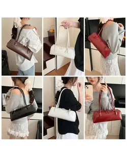 Detailed views of vintage baguette shoulder bags in brown, white, burgundy, and black