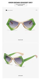 Detailed views of butterfly geometric sunglasses in green and tea gradient frame