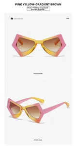 Detail view of butterfly frame sunglasses with pink yellow gradient and tea lenses