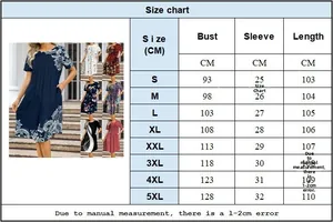 Detailed size chart for women's short sleeve printed round neck plus size maxi dress
