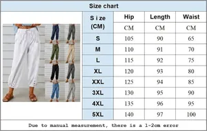 Tabella delle taglie dettagliata per pantaloni larghi a vita alta in cotone e lino donna