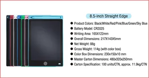 Detailed specs for 8.5-inch LCD writing tablet, showing dimensions, weights, and battery