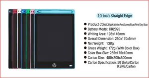 Detailed technical specifications for 10-inch color LCD writing tablet drawing board