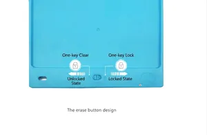 Close-up view of the anti-erase lock switch on the back of a blue LCD writing tablet