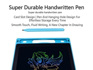 Close-up view of a blue stylus pen and LCD writing tablet showing a colorful rainbow drawing