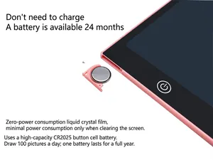 Detailed view of the CR2025 button battery and slot on a pink LCD writing tablet
