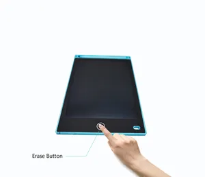 Detail showing a finger pressing the one-key clear button on a blue LCD writing tablet