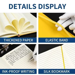 Premium yellow A5 leather notebook with elastic strap closure and thick lined paper