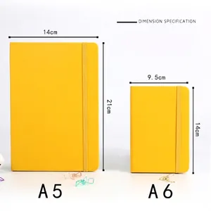 Yellow A5 and A6 leather notebooks with elastic bands showing detailed dimensions