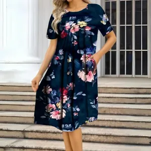 Robe élégante à manches courtes pour femmes, imprimé floral bleu marine et rose
