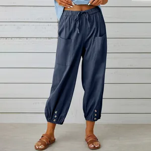 Pantaloni cropped a gamba larga in cotone e lino blu navy a vita alta con bottoni