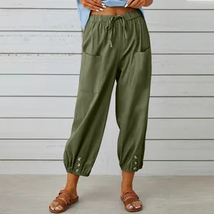 Pantaloni a gamba larga in cotone e lino a vita alta con bottoni decorativi in verde oliva scuro