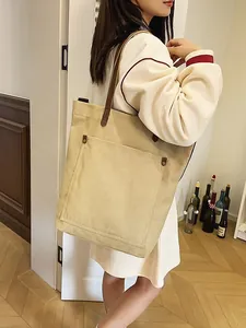 Women Large Capacity Canvas Tote Bag Vintage Minimalist Shoulder Bag Solid Color Commuting School Satchel Handbag With Front Pocket Rivet Detail