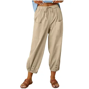 Pantaloni cropped a gamba larga in cotone e lino da donna con vita alta e bottoni