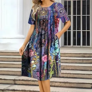 Robe grande taille pour femmes à imprimé floral, col rond et manches courtes, style bohème