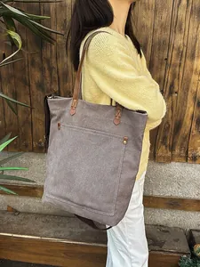Large capacity grey canvas tote bag for women with adjustable crossbody strap