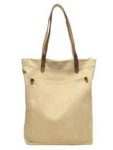 Large capacity vintage beige canvas tote bag with front pocket and brown straps