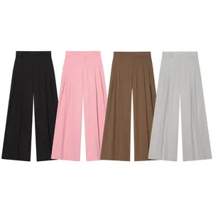 Pantalons à Jambes Larges et Taille Haute pour Femmes Couleur Unie Plissé Pantalons Décontractés Amples Élégants de Bureau