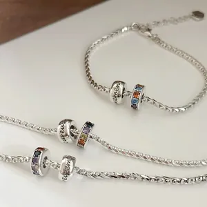 S925 sterling silver rainbow bead bracelet with elegant engraved transfer charms
