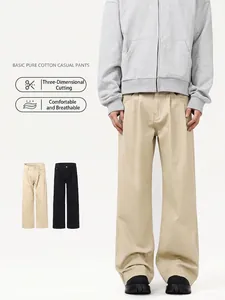 Pantaloni da Uomo in Cotone Dritti a Gamba Larga a Vita Alta American Retro con Pieghe Casual Streetwear Allentati Cachi Neri