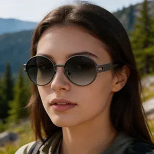 Close-up of stylish oval-frame sunglasses worn by a woman in an outdoor setting