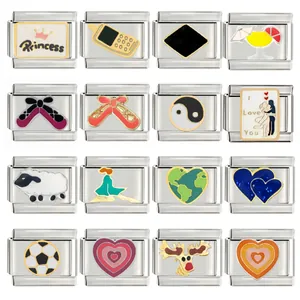 Stainless steel DIY Italian charm links with colorful enamel heart and themed designs