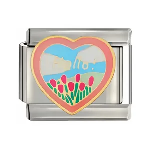 Detailed view of a stainless steel Italian charm with a colorful enamel heart and tulips.