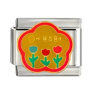 Close-up detail of stainless steel Italian charm link with OH BABY and tulips