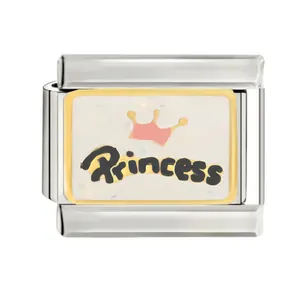 Stainless steel Italian charm module with Princess text and crown