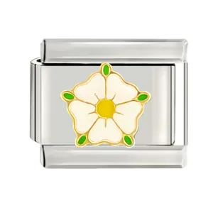 Detailed macro shot of stainless steel Italian modular charm featuring white rose enamel
