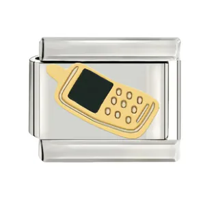 Detailed view of stainless steel Italian charm with gold vintage mobile phone design