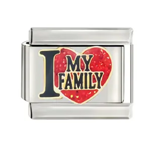 Detailed close-up view of stainless steel Italian charm with 'I MY FAMILY' heart design