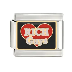 Detail view of a stainless steel modular charm with red heart and RICH Guys text