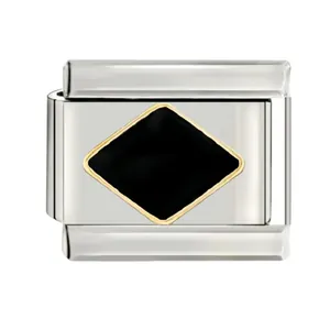 Close-up of stainless steel Italian modular charm with black diamond enamel detail.