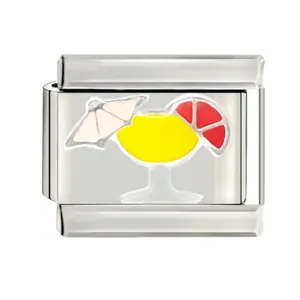 Macro detail of a stainless steel Italian charm with a colorful enamel cocktail design.