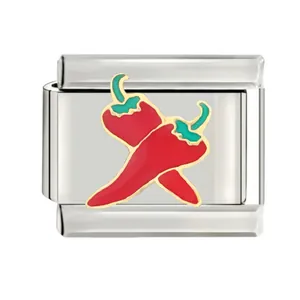 Close-up detail of stainless steel Italian charm link with red chili pepper enamel