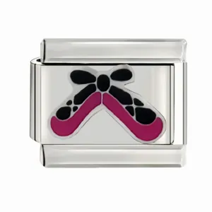 Detail view of pink ballet slippers enamel charm on stainless steel modular link