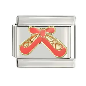 Detailed view of a stainless steel Italian charm with pink enamel ballet slipper design