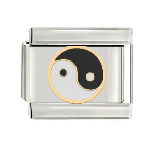 Detail view of a stainless steel Italian modular charm featuring a Yin Yang design.