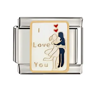 Detailed macro shot of stainless steel Italian charm featuring I Love You couple engraving