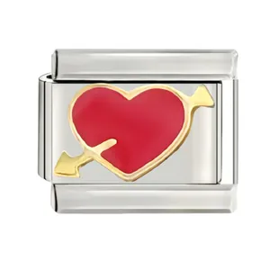 Detail of stainless steel Italian charm link with red enamel heart and gold arrow