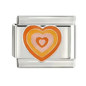 Detailed macro view of an orange and pink layered enamel heart Italian modular charm