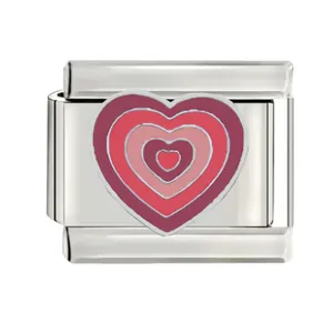 Detailed view of a stainless steel Italian modular charm with layered pink enamel heart.