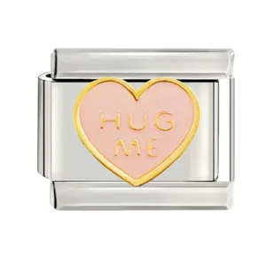 Detailed view of stainless steel Italian charm link featuring a pink heart with HUG ME