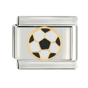 Close-up of a stainless steel Italian charm featuring a black and white soccer ball