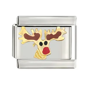 Detailed close-up of a stainless steel Italian modular charm with a reindeer enamel design.