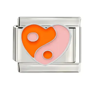 Detailed view of stainless steel heart Yin Yang enamel Italian charm link in orange pink