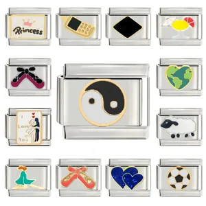 Stainless steel Italian modular charms for DIY bracelets with various enamel motifs